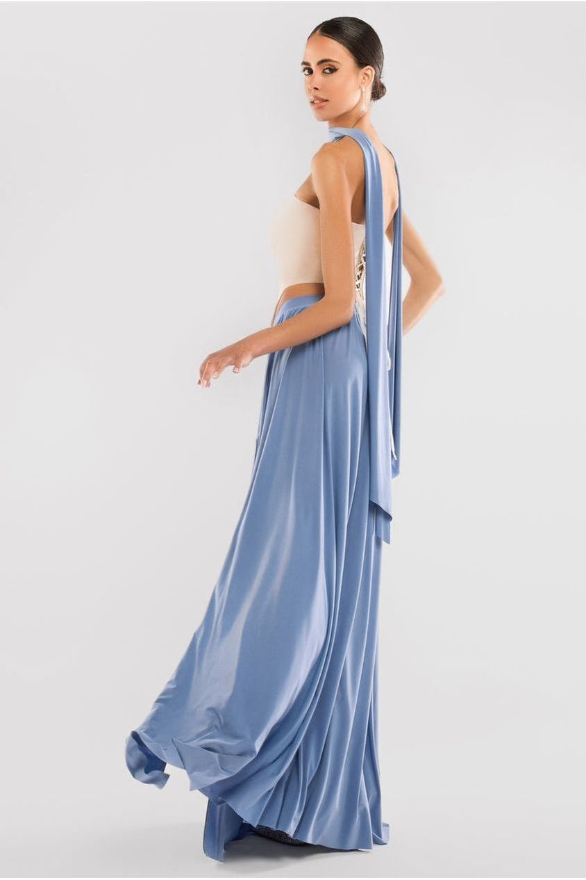 Goddiva Compact Crepe Lace Up Corset With Side Split Jersey Maxi Skirt & Scarf - Beige & Blue