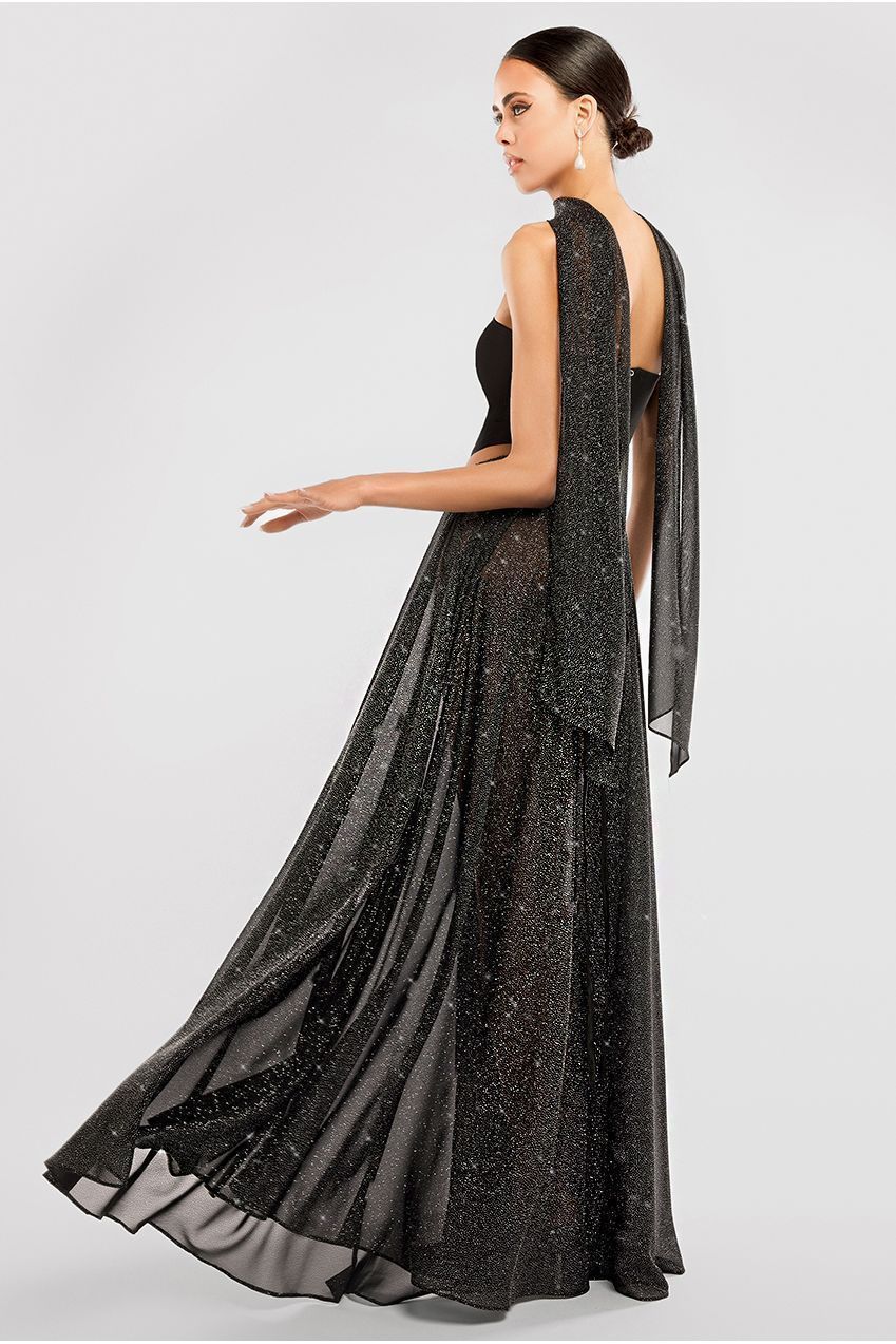 Goddiva Compact Crepe Lace Up Corset With Gathered A-Line Glitter Chiffon Maxi Skirt & Scarf - Black