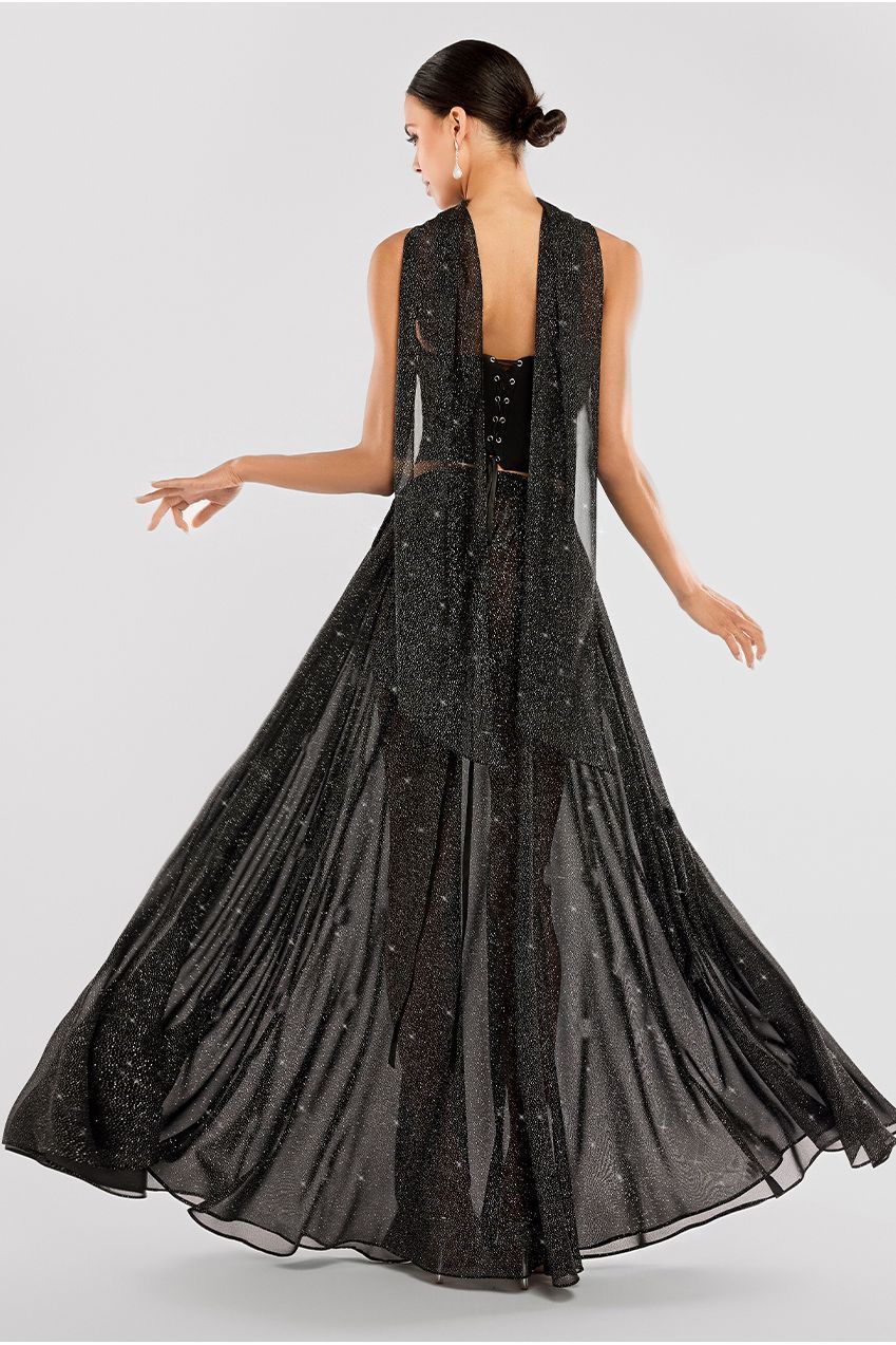 Goddiva Compact Crepe Lace Up Corset With Gathered A-Line Glitter Chiffon Maxi Skirt & Scarf - Black