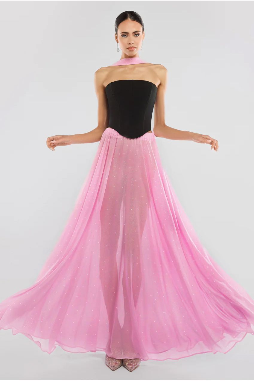 Goddiva Compact Crepe Lace Up Corset With Gathered A-Line Glitter Chiffon Maxi Skirt & Scarf - Black, Pink & Pink