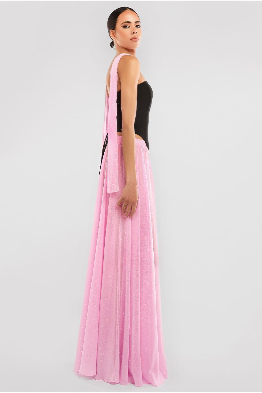 Goddiva Compact Crepe Lace Up Corset With Gathered A-Line Glitter Chiffon Maxi Skirt & Scarf - Black, Pink & Pink