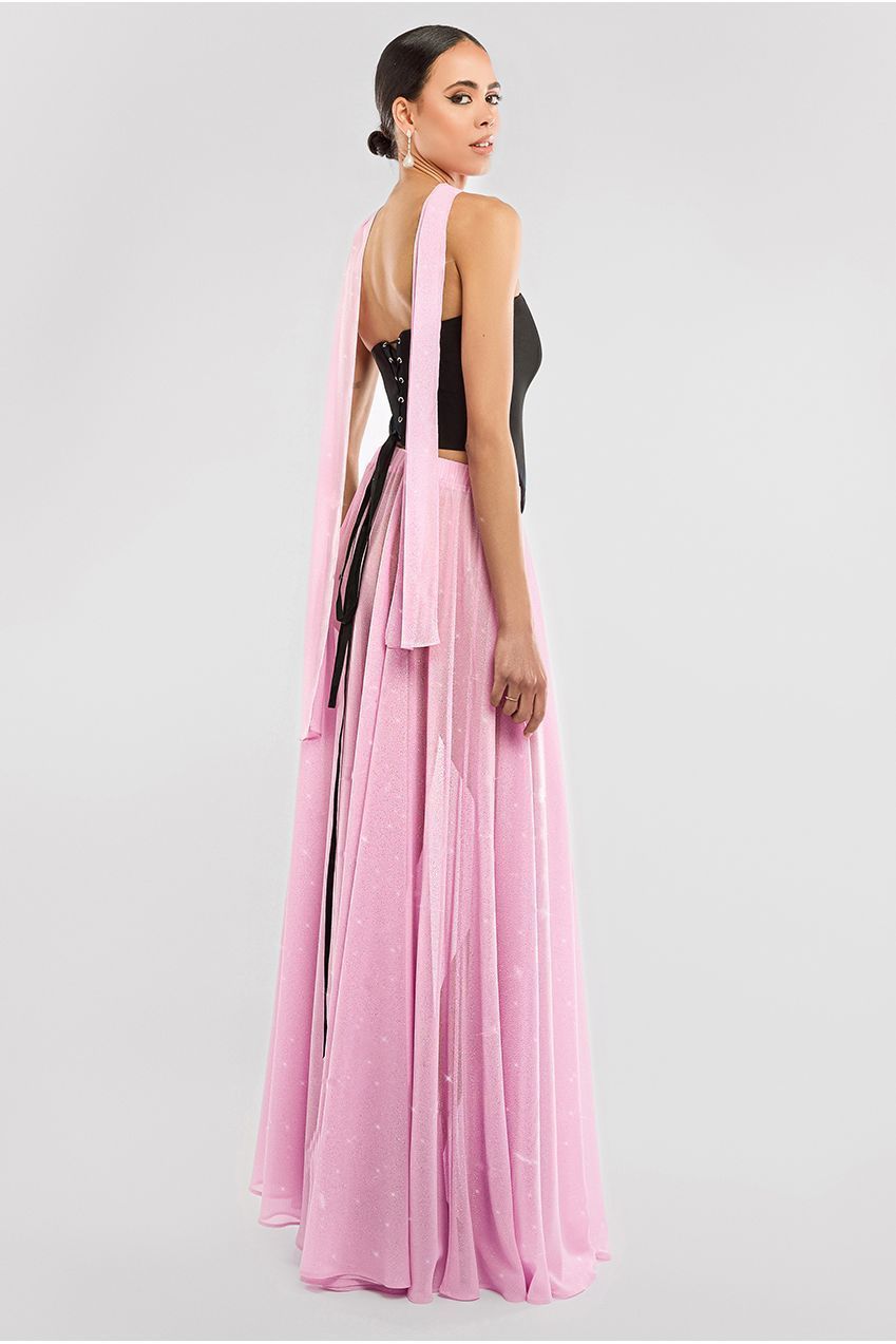 Goddiva Compact Crepe Lace Up Corset With Gathered A-Line Glitter Chiffon Maxi Skirt & Scarf - Black, Pink & Pink