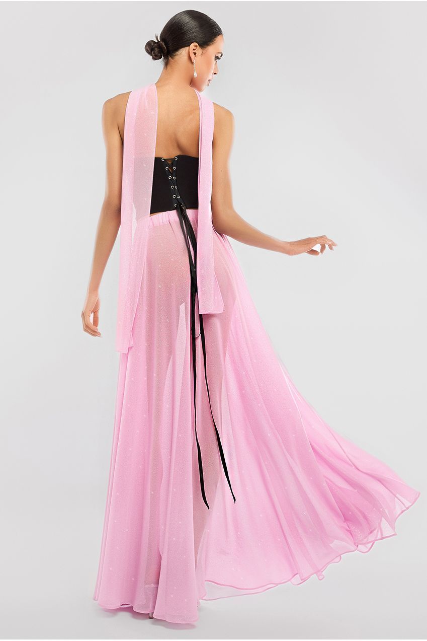 Goddiva Compact Crepe Lace Up Corset With Gathered A-Line Glitter Chiffon Maxi Skirt & Scarf - Black, Pink & Pink