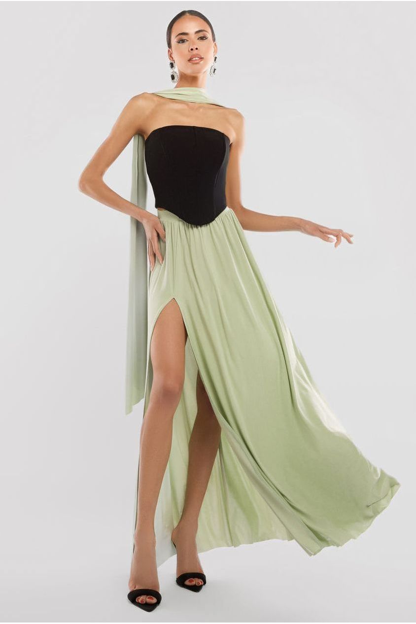 Goddiva Compact Crepe Lace Up Corset With Side Split Jersey Maxi Skirt & Scarf - Black & Sage Green