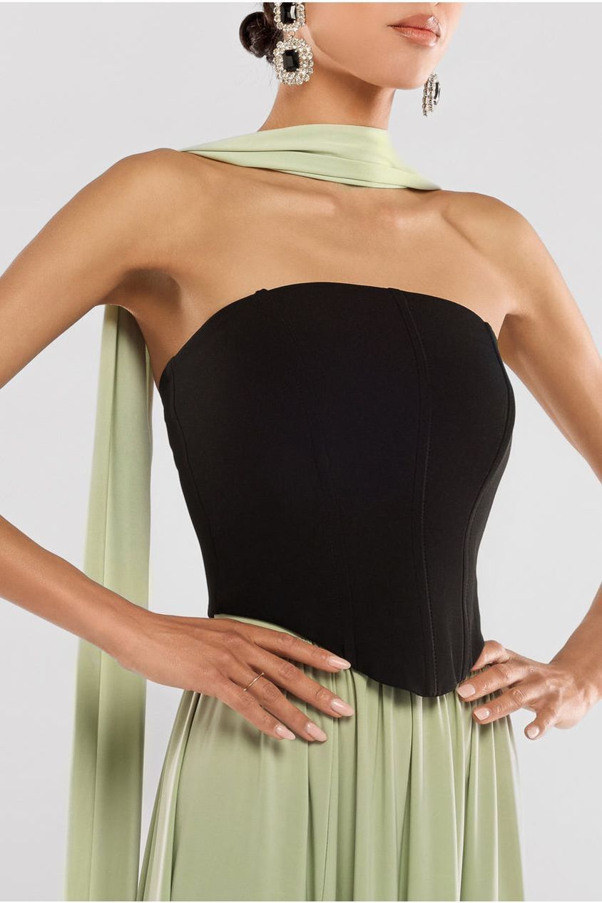 Goddiva Compact Crepe Lace Up Corset With Side Split Jersey Maxi Skirt & Scarf - Black & Sage Green