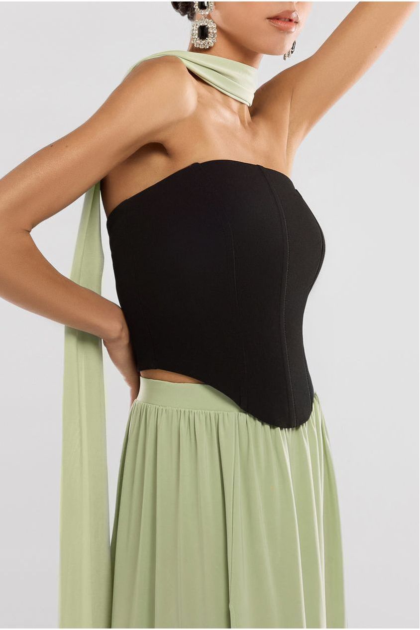 Goddiva Compact Crepe Lace Up Corset With Side Split Jersey Maxi Skirt & Scarf - Black & Sage Green