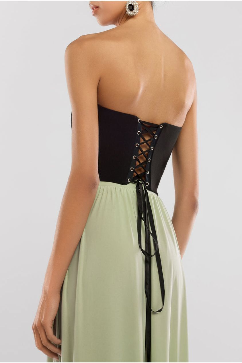 Goddiva Compact Crepe Lace Up Corset With Side Split Jersey Maxi Skirt & Scarf - Black & Sage Green