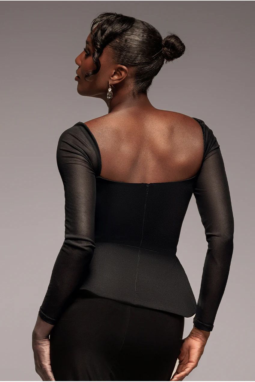 Goddiva Plain Mesh Long Sleeve Scuba Crepe Peplum Top - Black