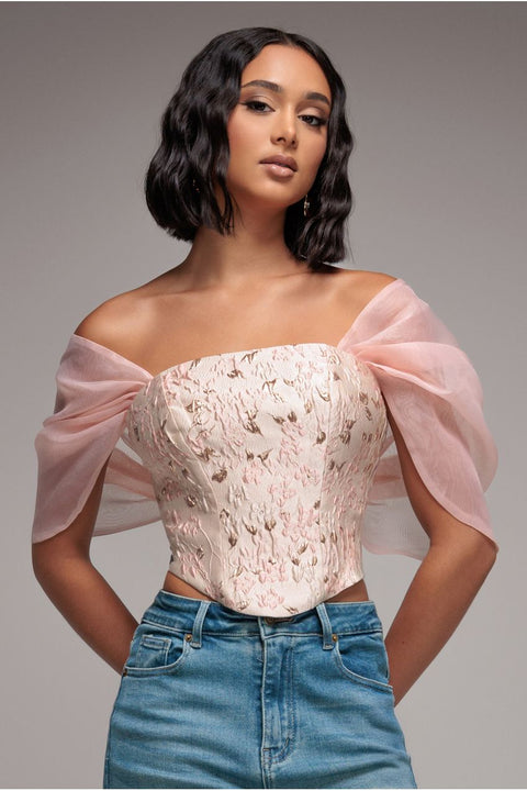 Goddiva Off Shoulder Jacquard Top With Organza Wings - Blush Pink