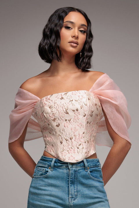 Goddiva Off Shoulder Jacquard Top With Organza Wings - Blush Pink