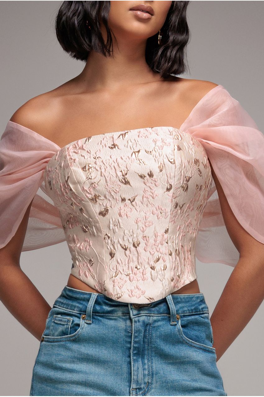 Goddiva Off Shoulder Jacquard Top With Organza Wings - Blush Pink