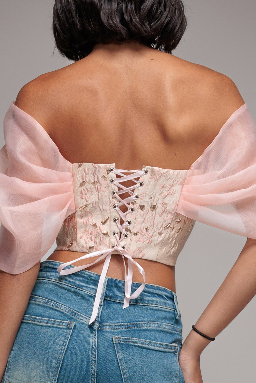 Goddiva Off Shoulder Jacquard Top With Organza Wings - Blush Pink