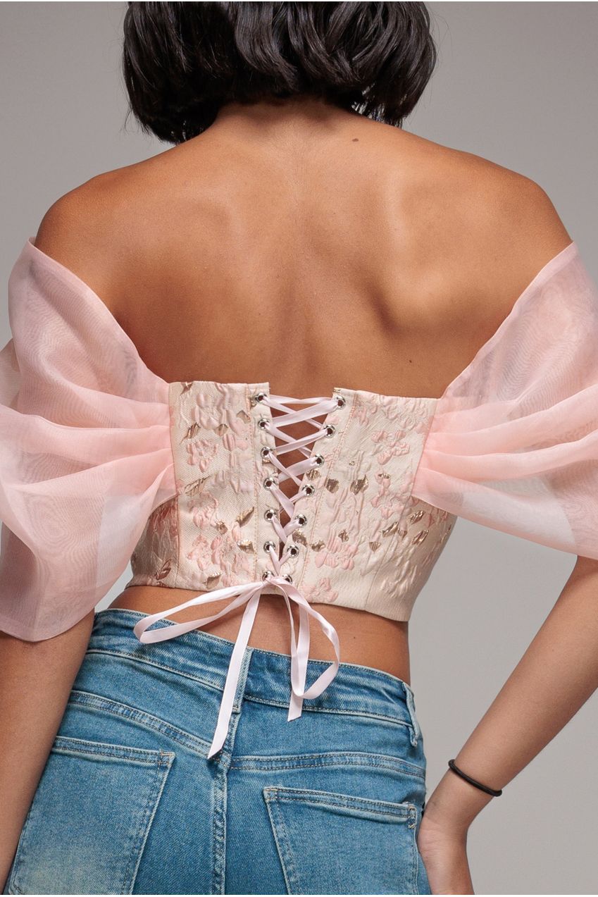 Goddiva Off Shoulder Jacquard Top With Organza Wings - Blush Pink
