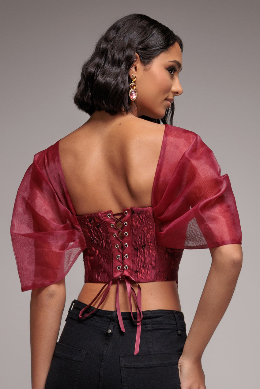Goddiva Off Shoulder Jacquard Top With Organza Wings - Burgundy Red