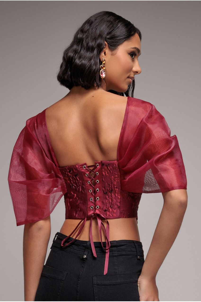 Goddiva Off Shoulder Jacquard Top With Organza Wings - Burgundy Red