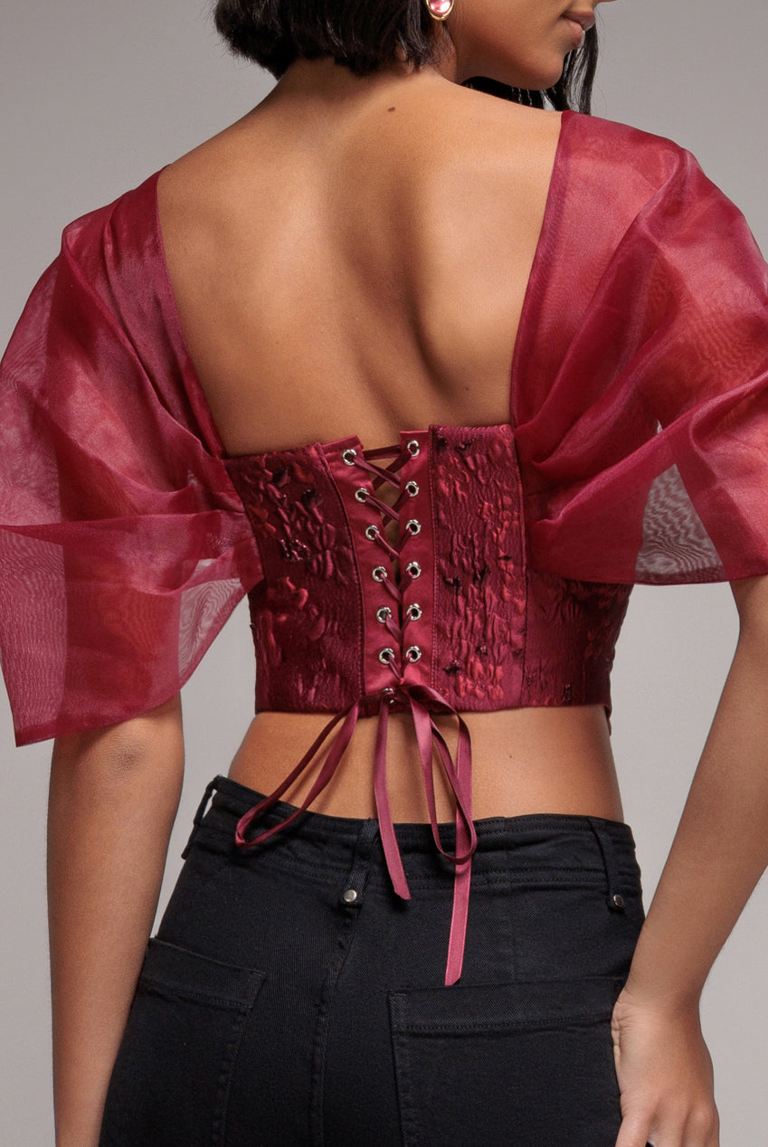 Goddiva Off Shoulder Jacquard Top With Organza Wings - Burgundy Red