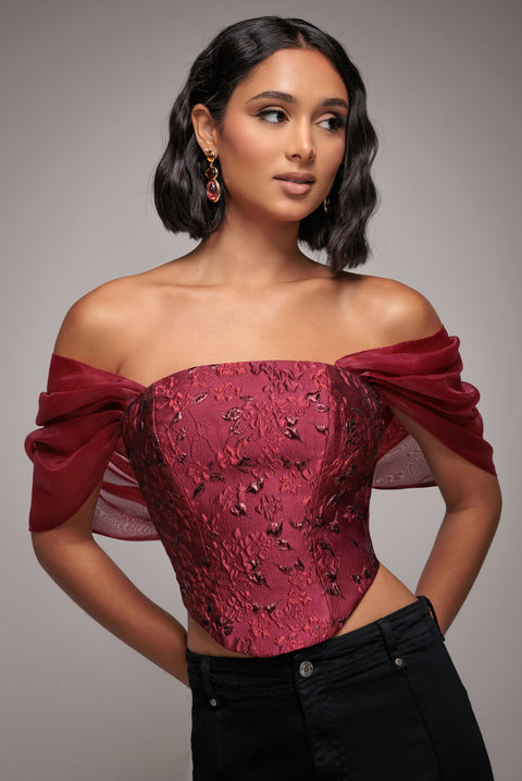 Goddiva Off Shoulder Jacquard Top With Organza Wings - Burgundy Red
