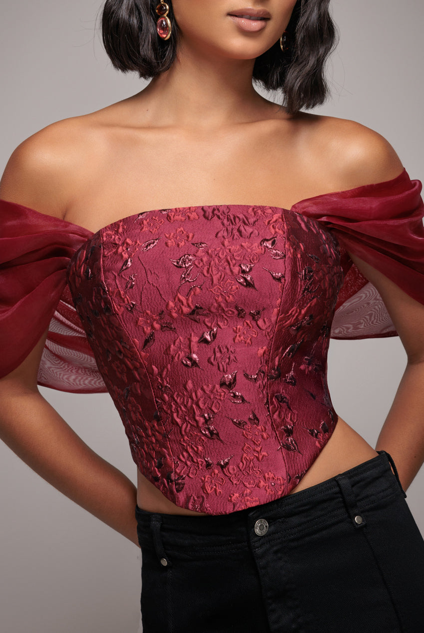 Goddiva Off Shoulder Jacquard Top With Organza Wings - Burgundy Red