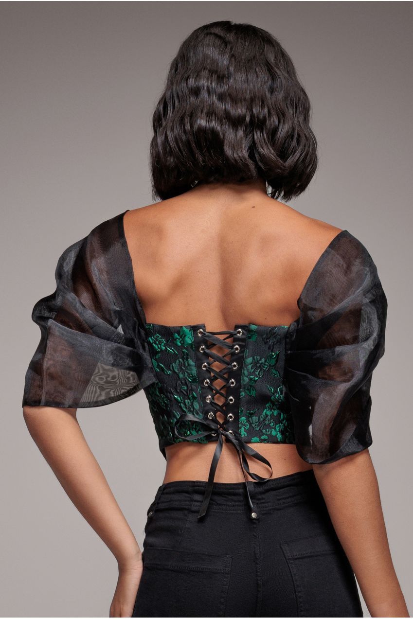 Goddiva Off Shoulder Jacquard Top With Organza Wings - Emerald Black