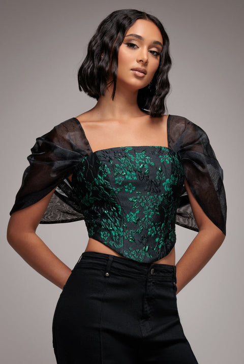 Goddiva Off Shoulder Jacquard Top With Organza Wings - Emerald Black