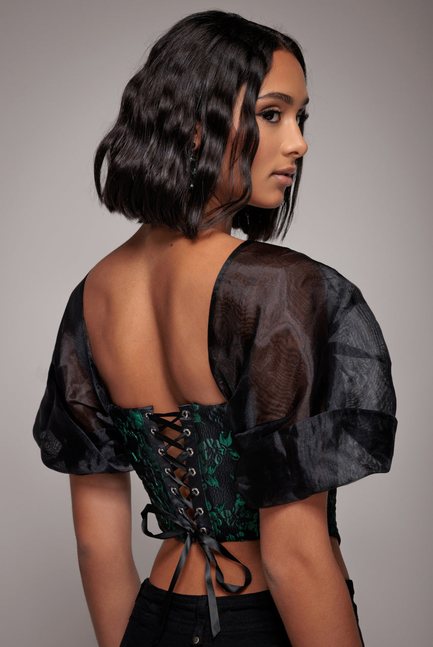 Goddiva Off Shoulder Jacquard Top With Organza Wings - Emerald Black