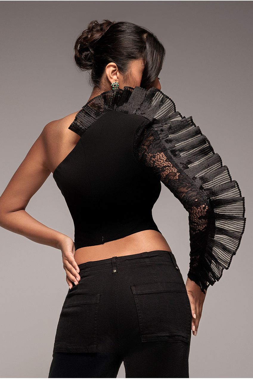 Goddiva One Shoulder Fan Pleat Frill Corset Top - Black