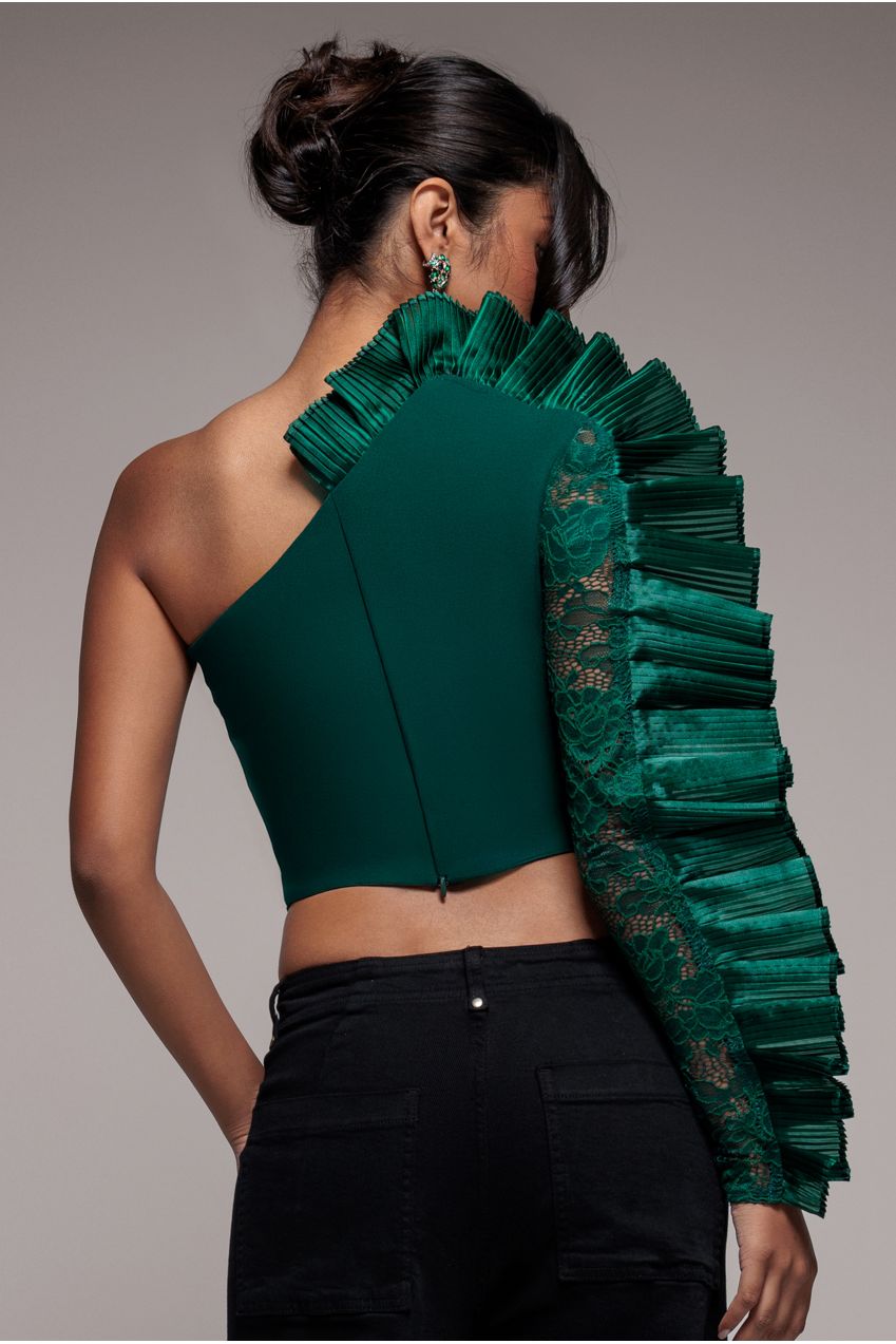 Goddiva One Shoulder Fan Pleat Frill Corset Top - Emerald Green