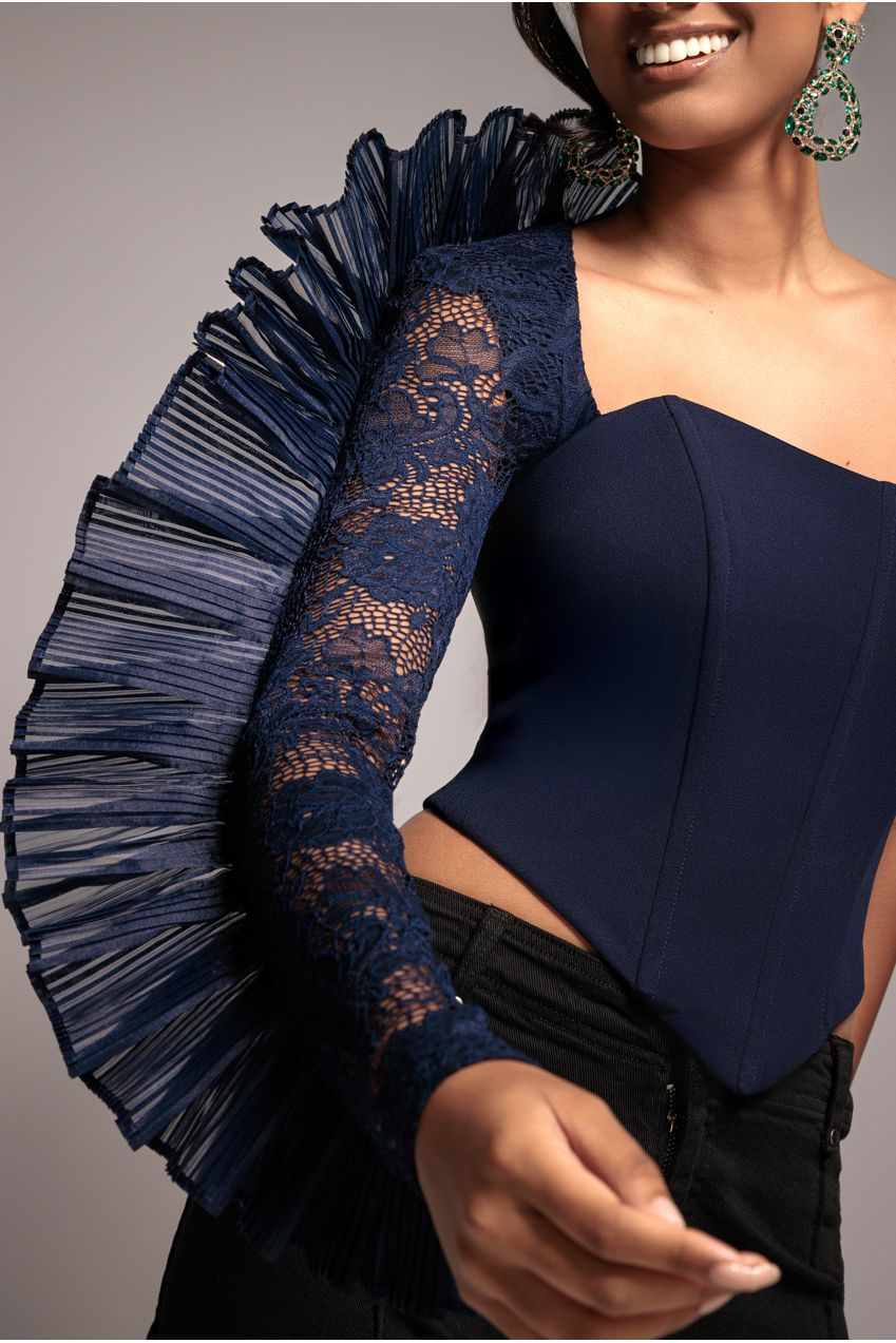 Goddiva One Shoulder Fan Pleat Frill Corset Top - Navy Blue