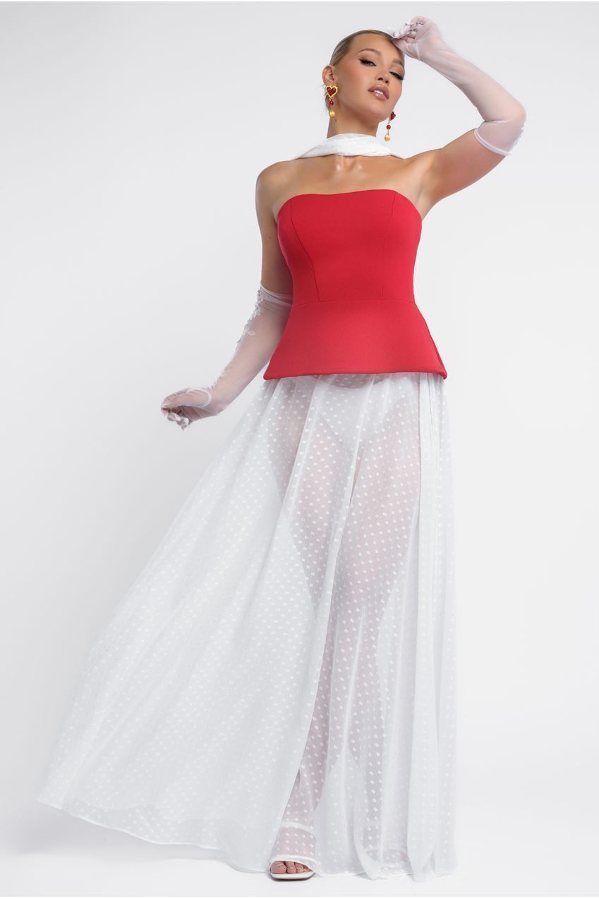 Goddiva Scuba Boobtube Peplum Corset With Polka Dobby Chiffon A-Line Maxi Skirt With Scarf - Red & Cream