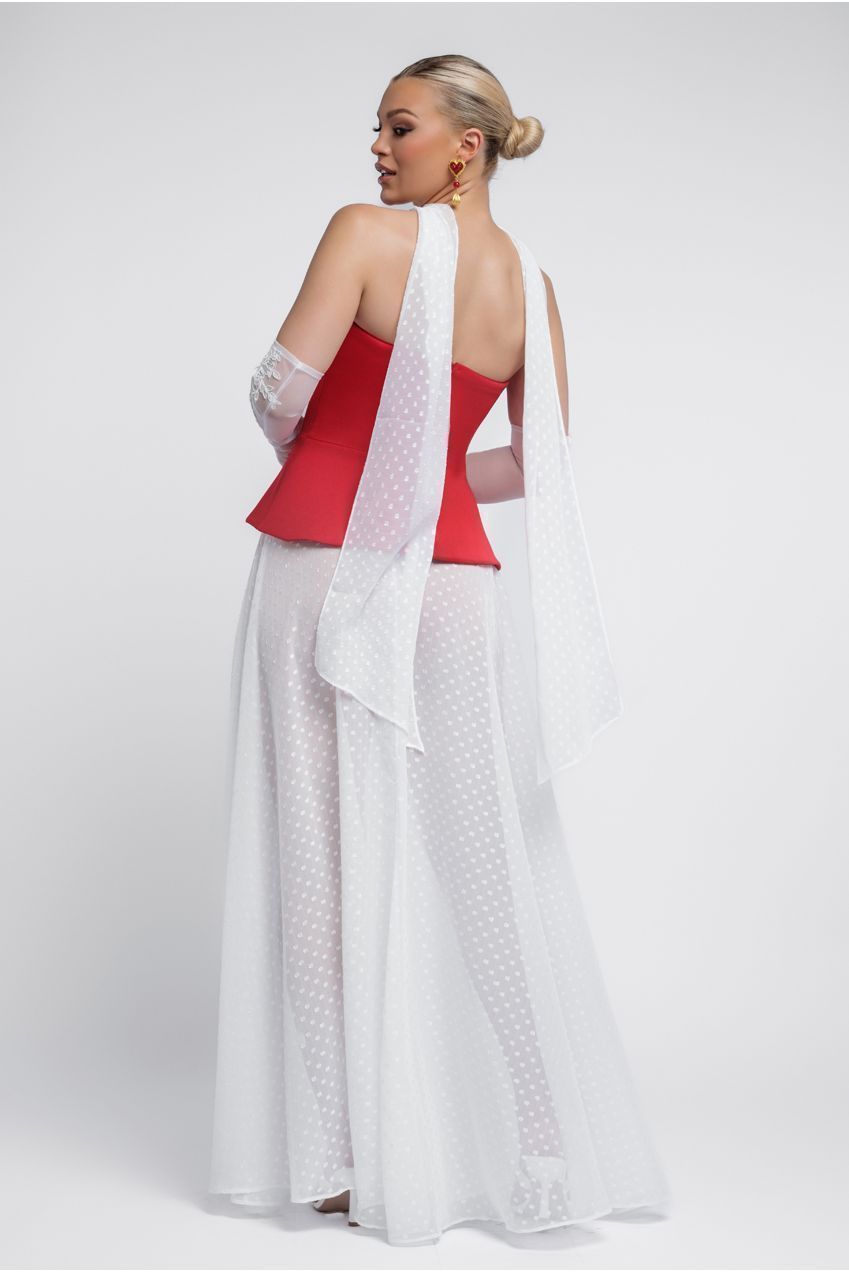 Goddiva Scuba Boobtube Peplum Corset With Polka Dobby Chiffon A-Line Maxi Skirt With Scarf - Red & Cream