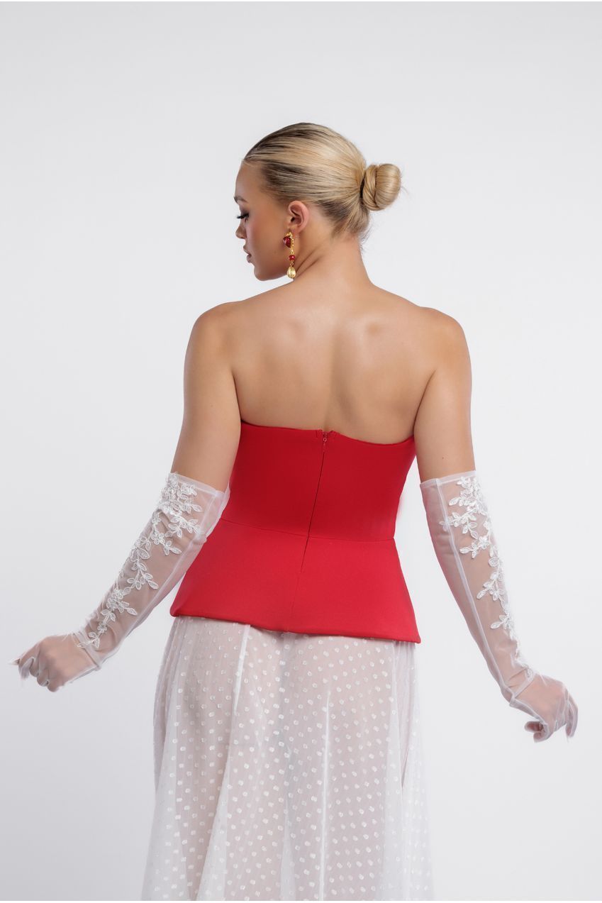 Goddiva Scuba Boobtube Peplum Corset With Polka Dobby Chiffon A-Line Maxi Skirt With Scarf - Red & Cream