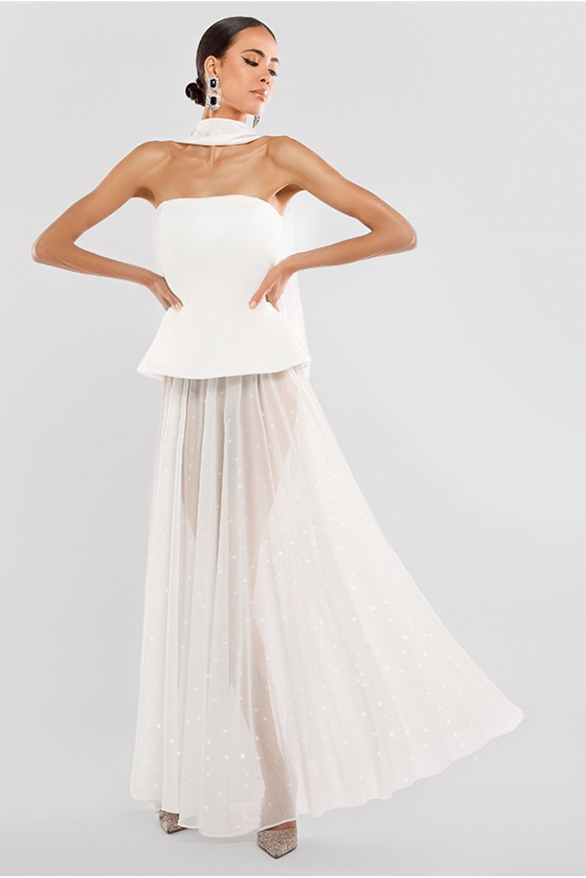Goddiva Scuba Boobtube Peplum Corset With Gathered A-Line Glitter Chiffon Maxi Skirt & Scarf - Cream