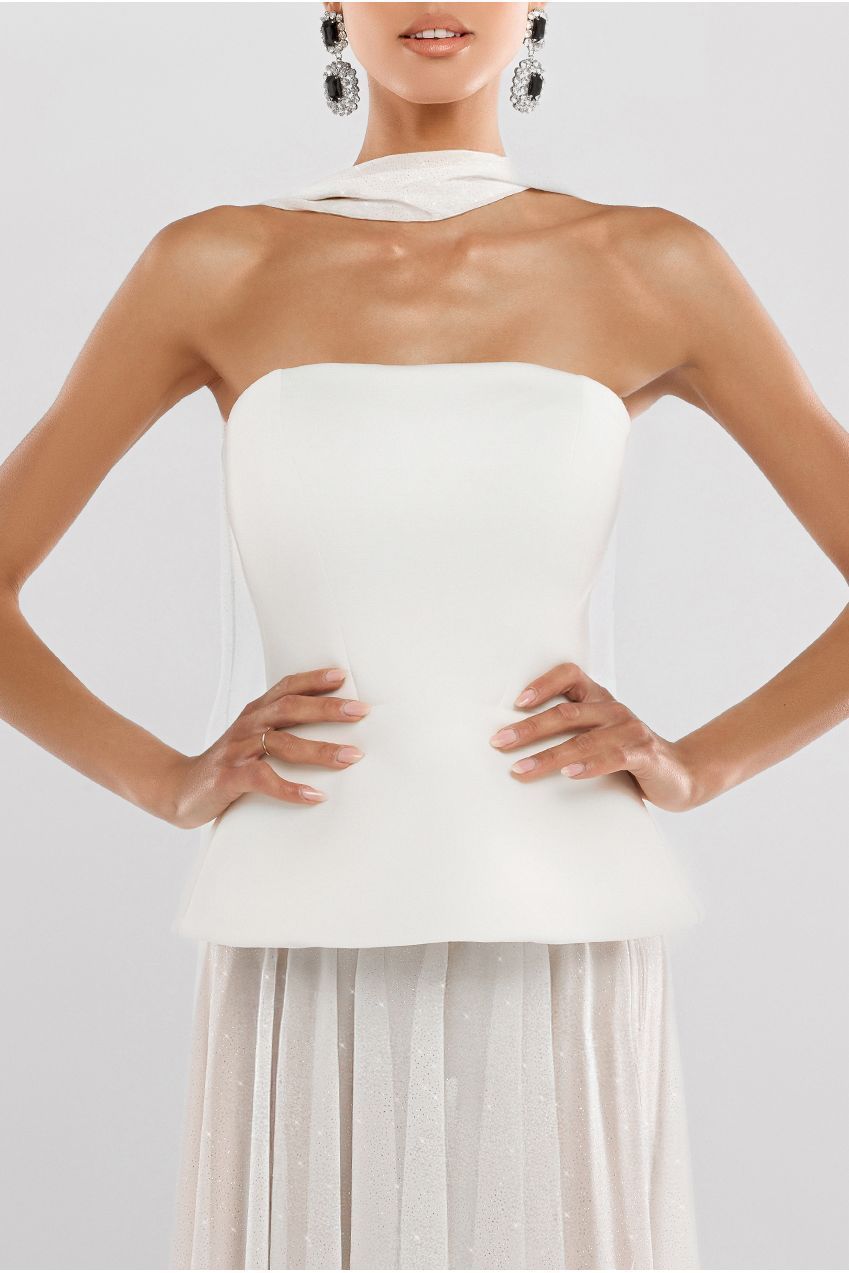 Goddiva Scuba Boobtube Peplum Corset With Gathered A-Line Glitter Chiffon Maxi Skirt & Scarf - Cream