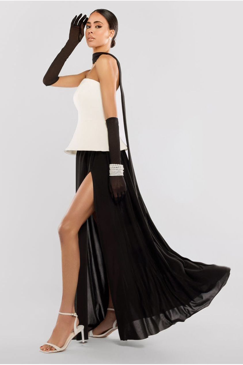 Goddiva Scuba Boobtube Peplum Hem Corset & Side Split Jersey Maxi Skirt With Scarf & Gloves - Cream & Black