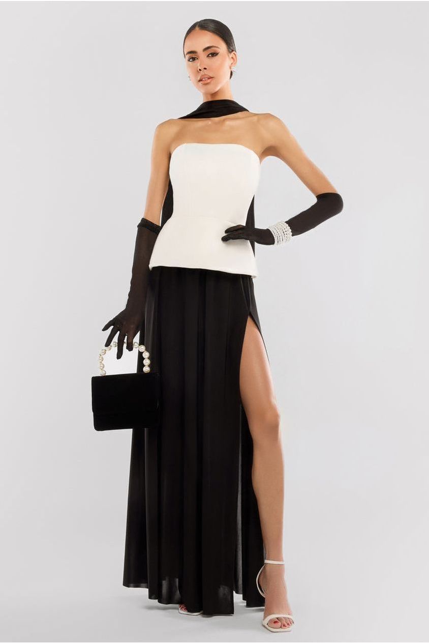 Goddiva Scuba Boobtube Peplum Hem Corset & Side Split Jersey Maxi Skirt With Scarf & Gloves - Cream & Black