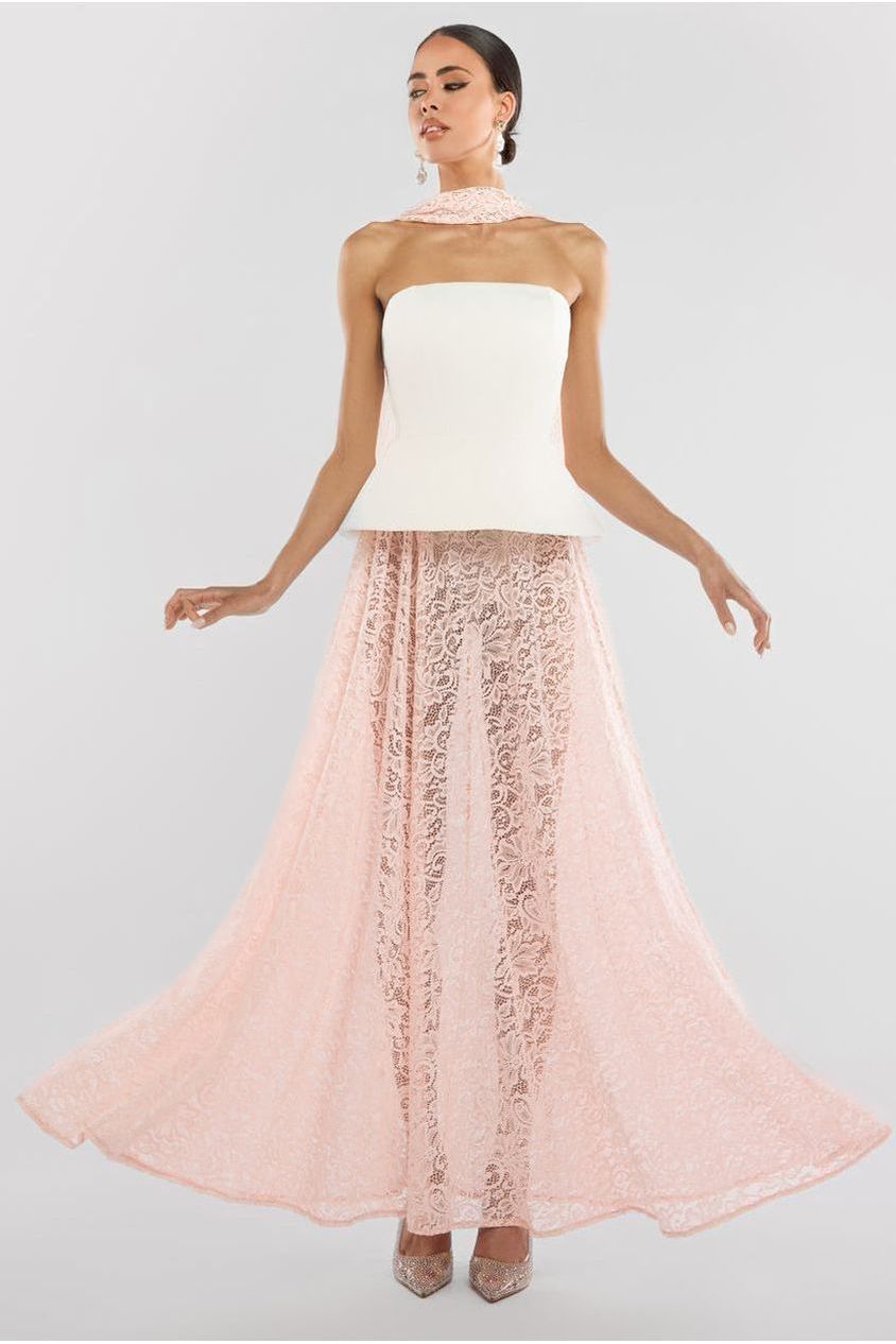 Goddiva Scuba Boobtube Peplum Corset With Floral Lace A-Line Maxi Skirt With Scarf - Cream & Pink