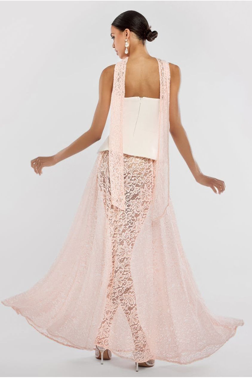 Goddiva Scuba Boobtube Peplum Corset With Floral Lace A-Line Maxi Skirt With Scarf - Cream & Pink