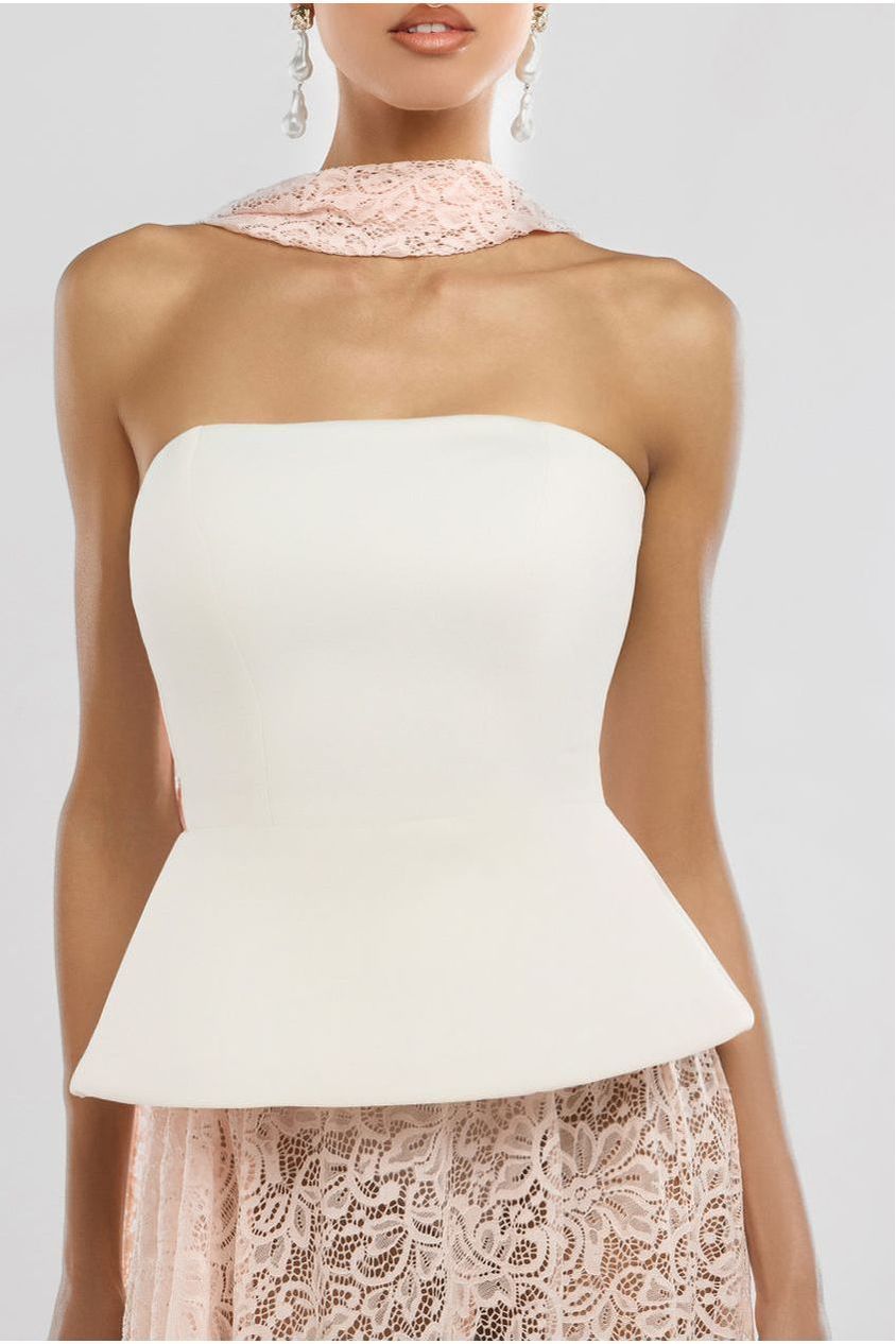 Goddiva Scuba Boobtube Peplum Corset With Floral Lace A-Line Maxi Skirt With Scarf - Cream & Pink