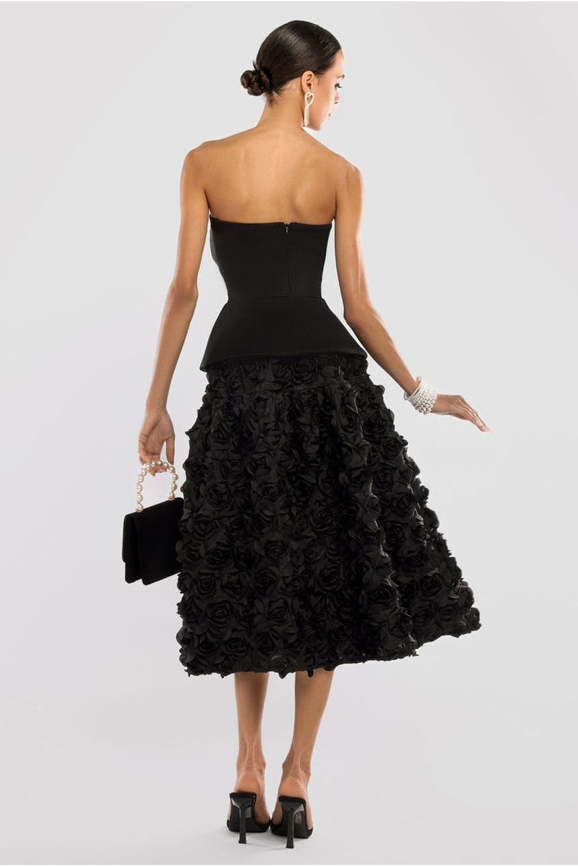 Goddiva Scuba Boobtube Peplum Corset With 3D Floral Mesh Skirt - Black