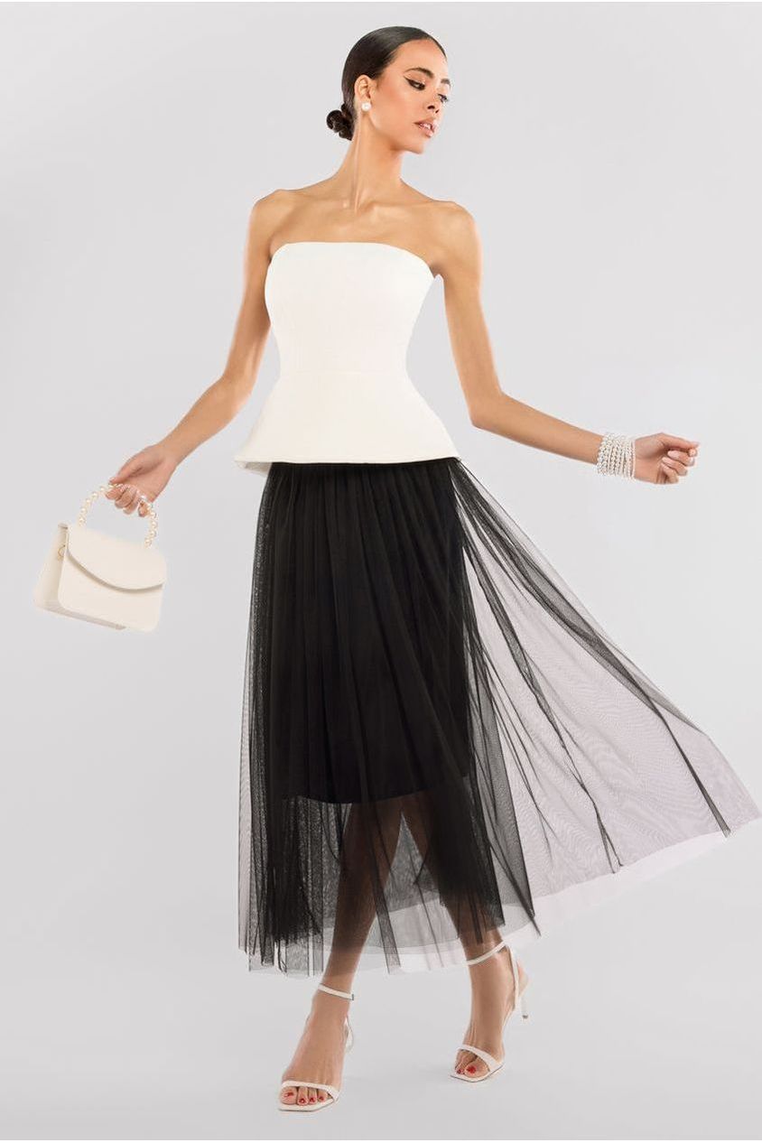 Goddiva Scuba Boobtube Peplum Corset With Tulle Gathered Midaxi Skirt - Cream & Black