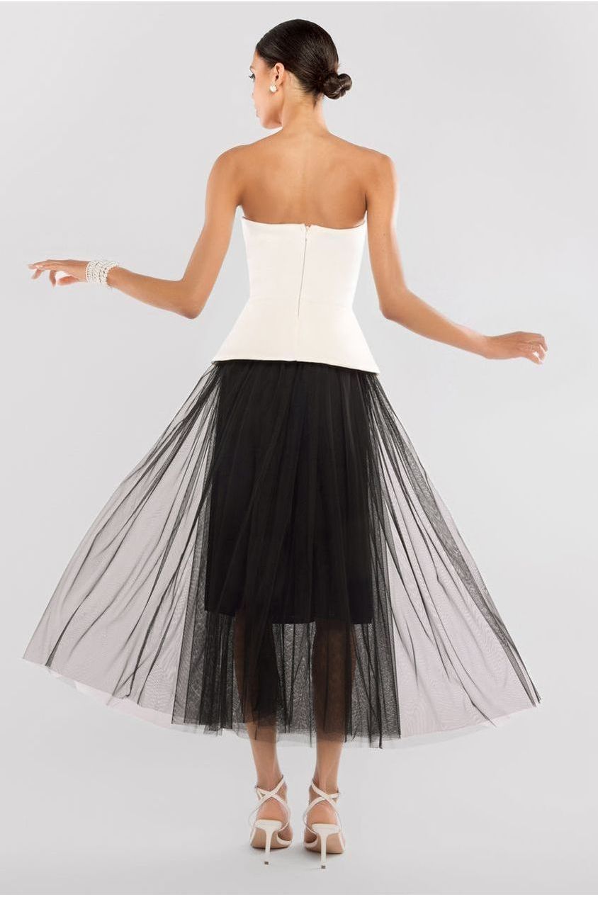 Goddiva Scuba Boobtube Peplum Corset With Tulle Gathered Midaxi Skirt - Cream & Black