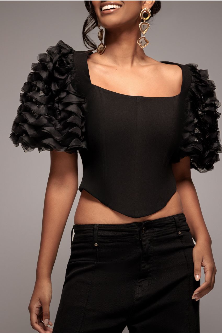 Goddiva 3D Textured Sleeve Scuba Corset Top - Black