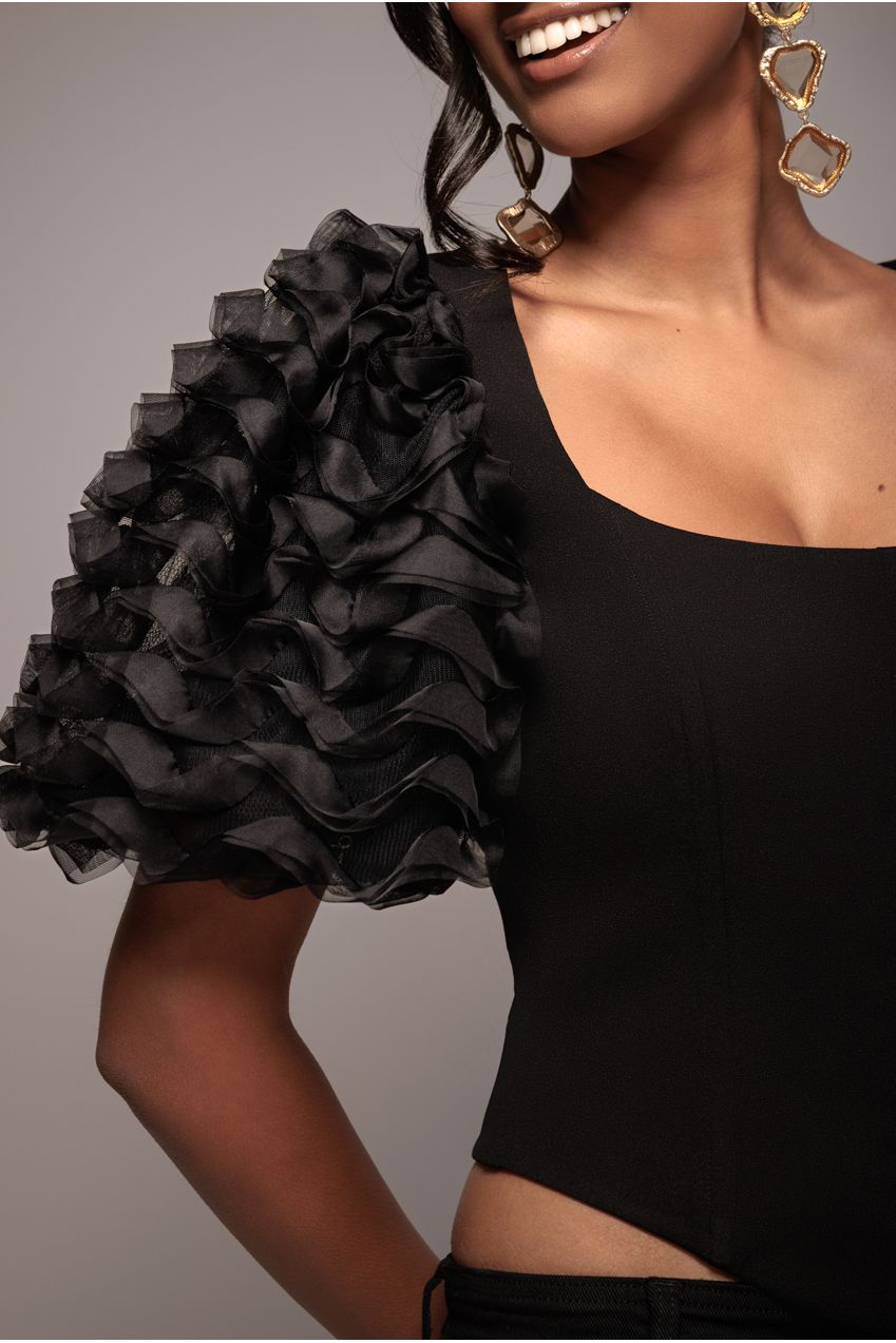 Goddiva 3D Textured Sleeve Scuba Corset Top - Black