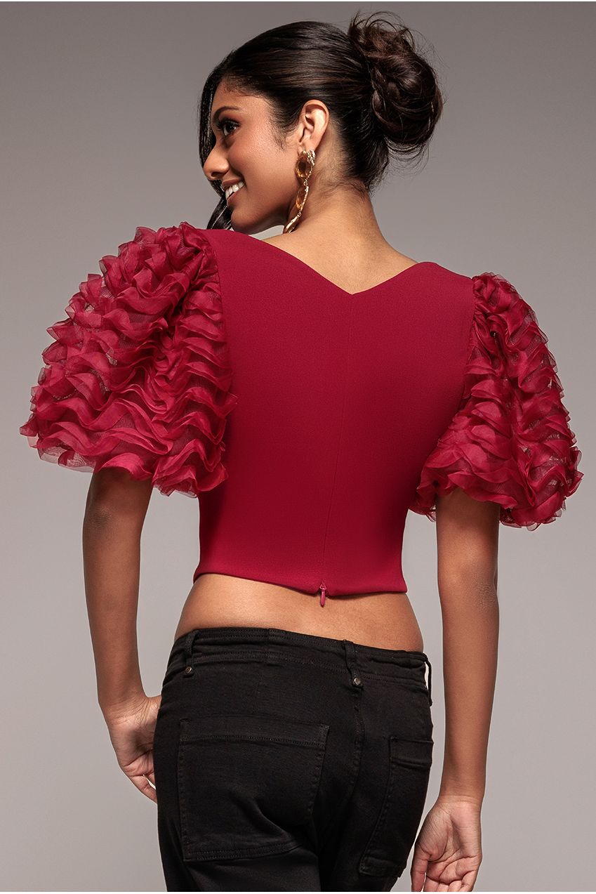 Goddiva 3D Textured Sleeve Scuba Corset Top - Burgundy
