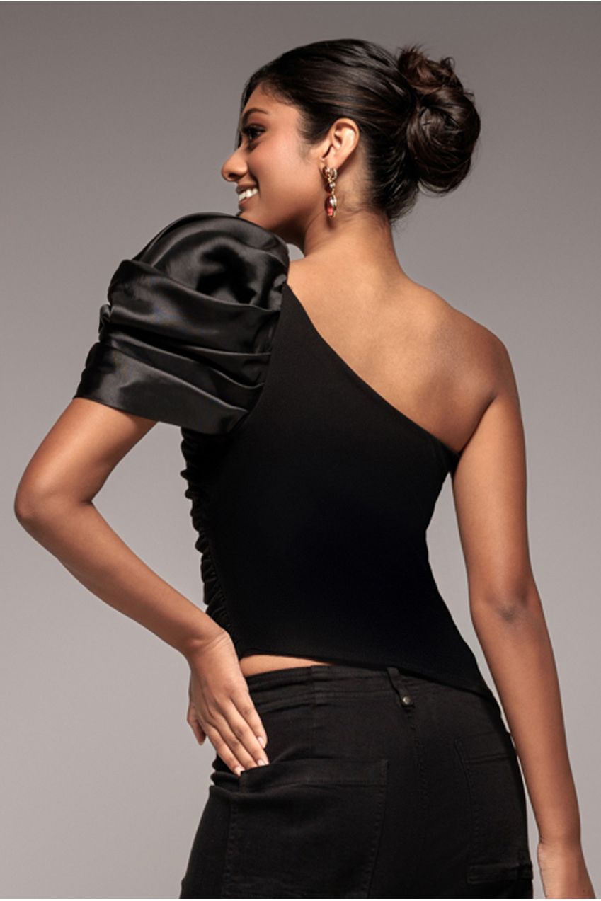 Goddiva One Shoulder Puffed Satin Sleeve Asymmetric Scuba Top - Black