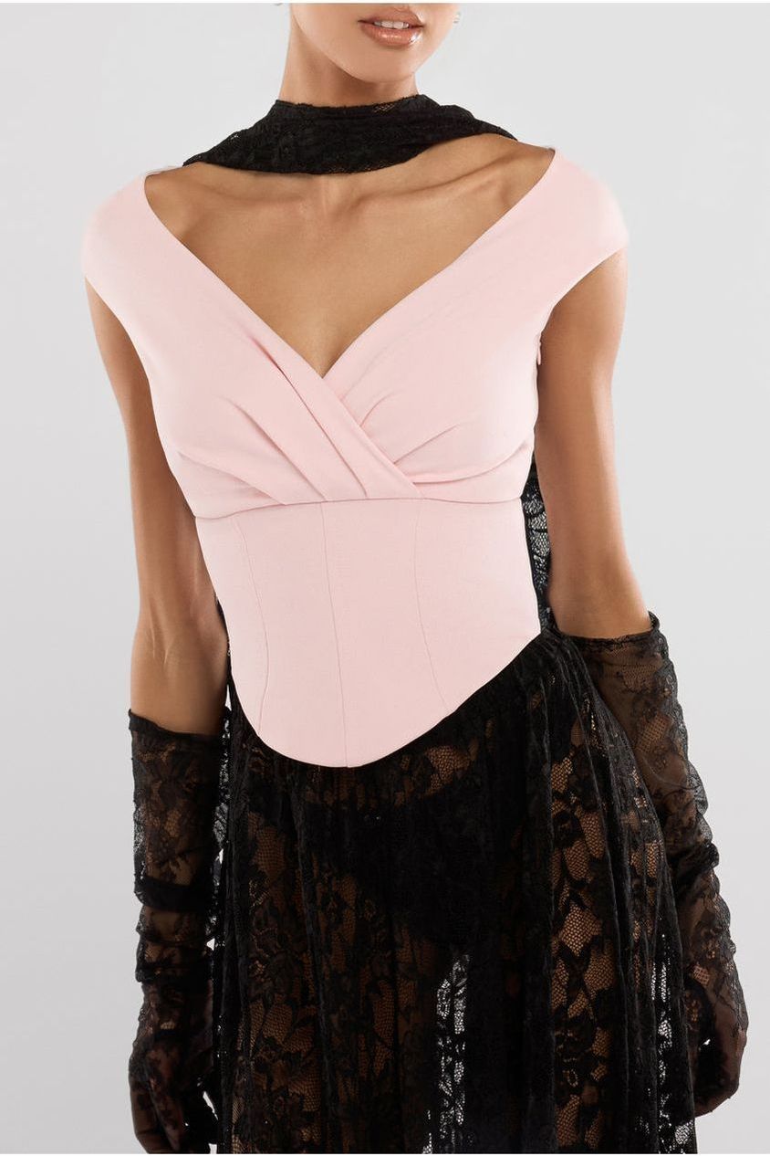 Goddiva Front Pleated Wrap Off The Shoulder Corset With Lace A-Line Skirt With Scarf & Gloves - Pink & Black