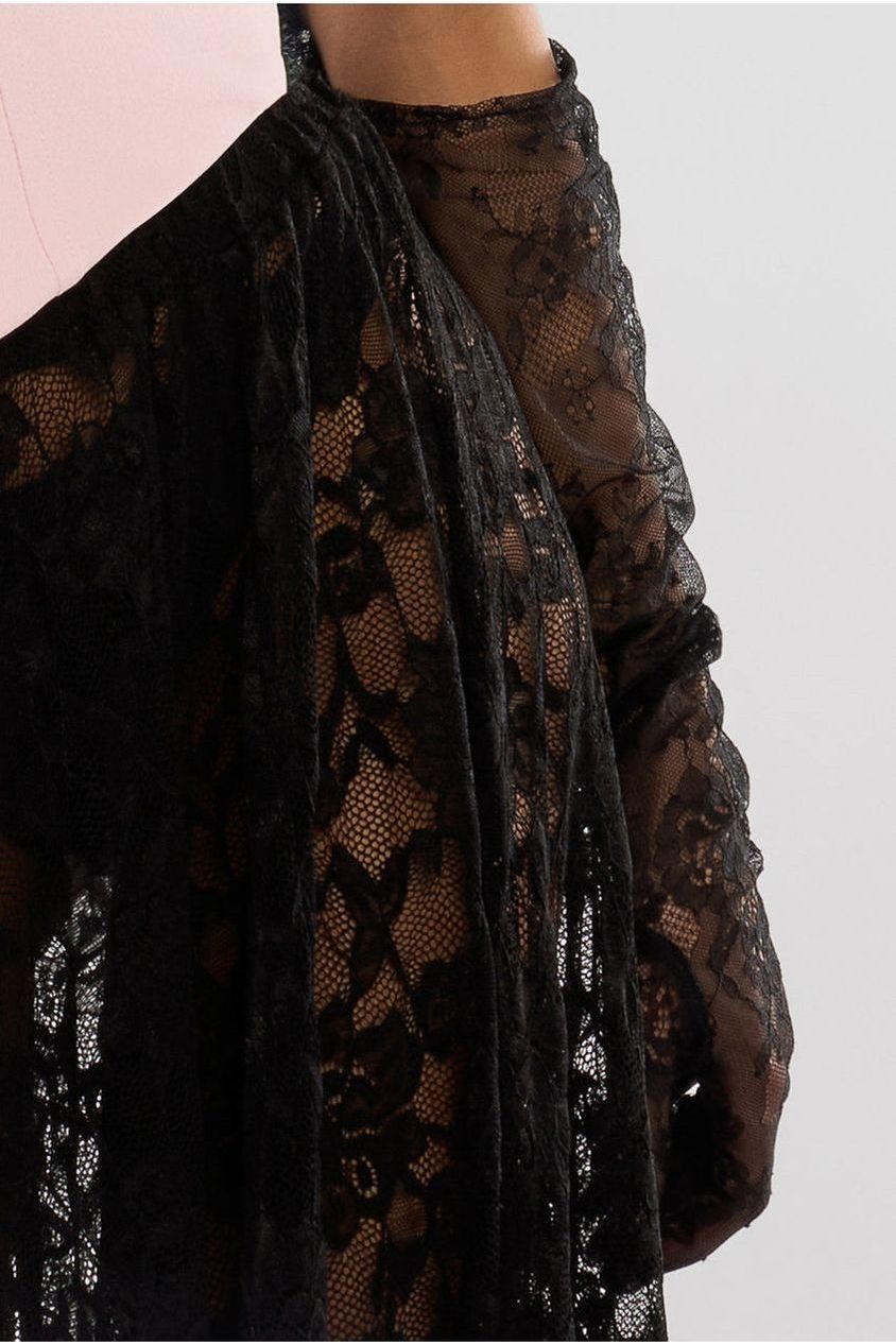 Goddiva Front Pleated Wrap Off The Shoulder Corset With Lace A-Line Skirt With Scarf & Gloves - Pink & Black