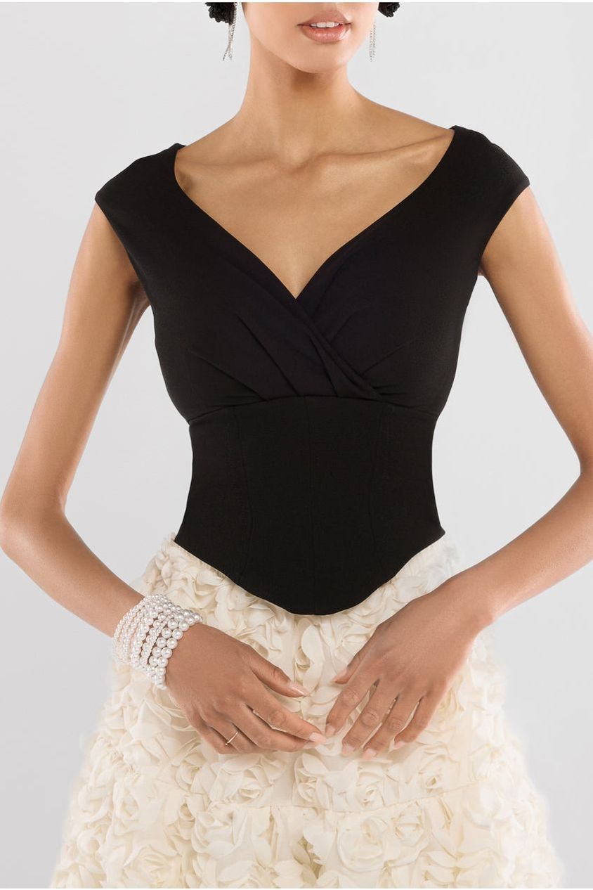 Goddiva Front Pleated Wrap Off The Shoulder Corset With 3D Floral Mesh Skirt - Black & Cream
