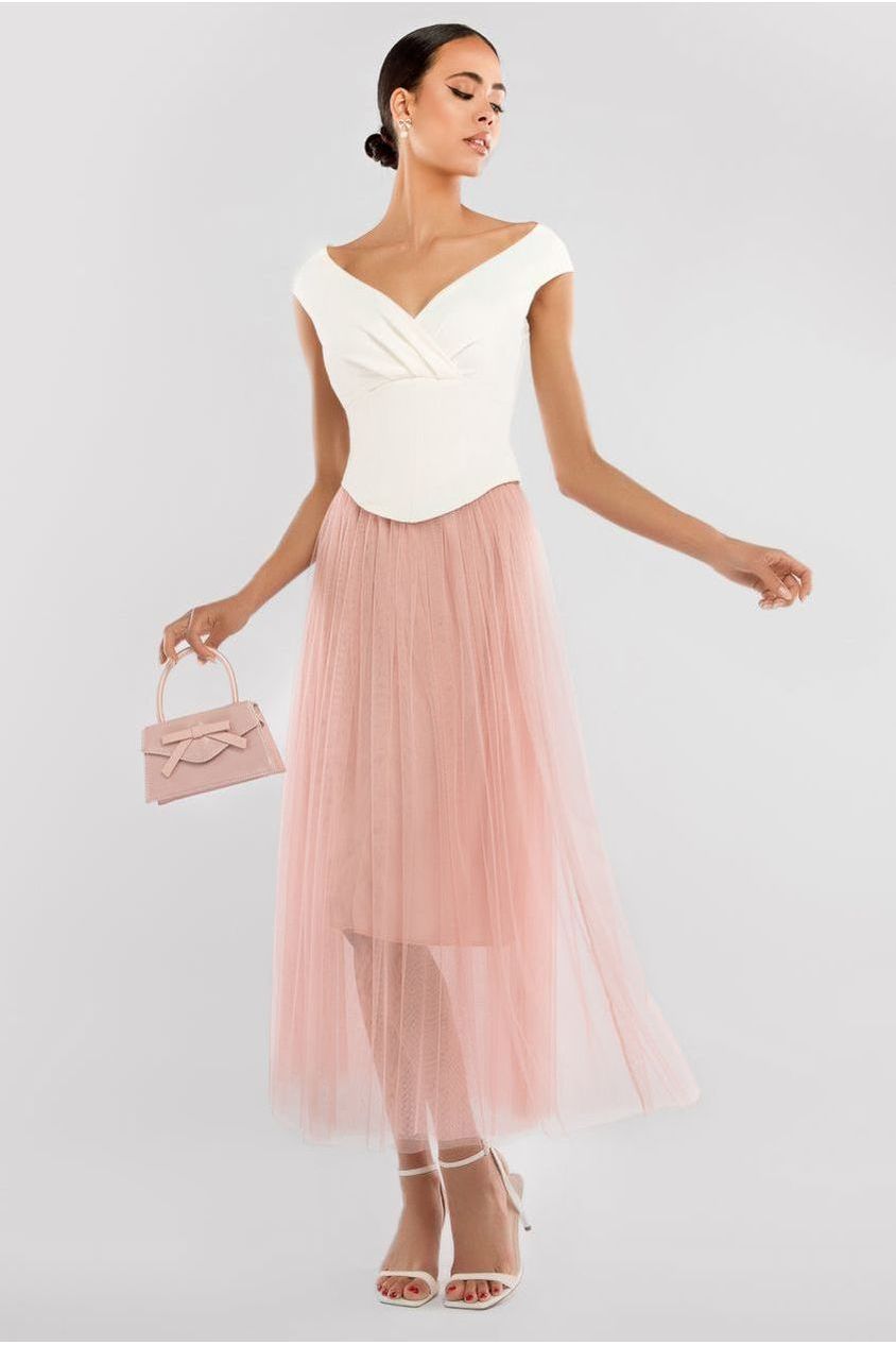 Goddiva Front Pleated Wrap Off The Shoulder Corset With Tulle Gathered Midaxi Skirt Cream & Blush