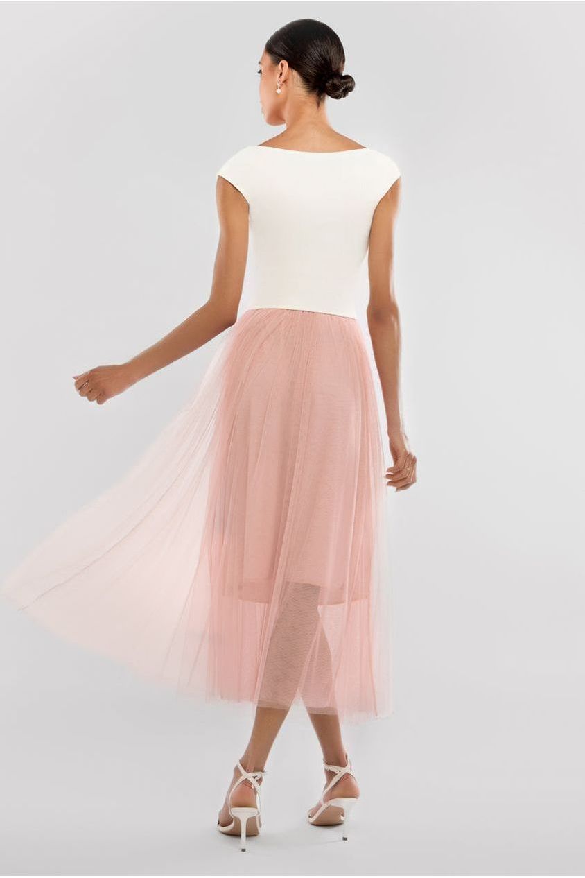 Goddiva Front Pleated Wrap Off The Shoulder Corset With Tulle Gathered Midaxi Skirt Cream & Blush
